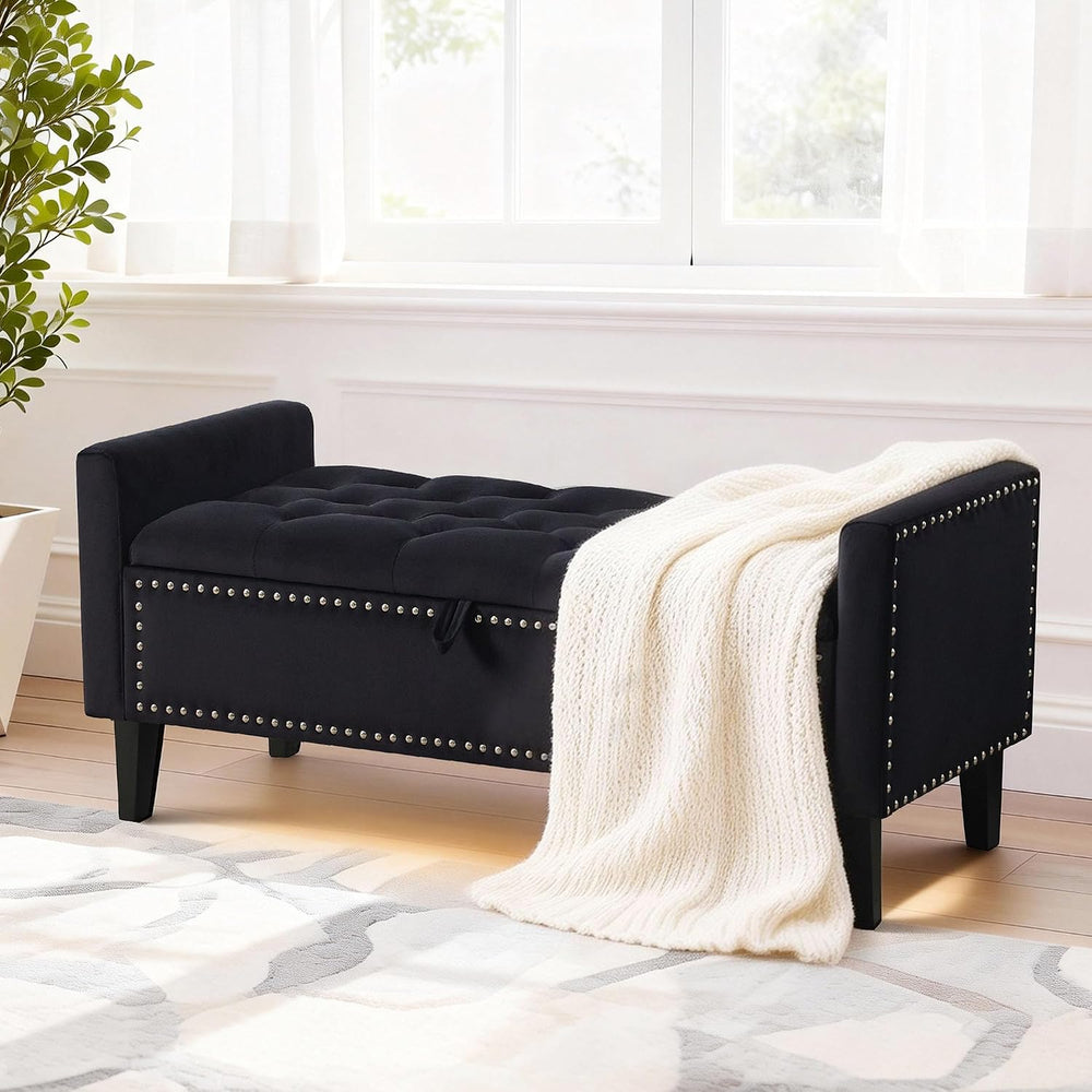 47in Velvet Storage Ottoman Bench with Arms, Upholstered Storage Bench with W...