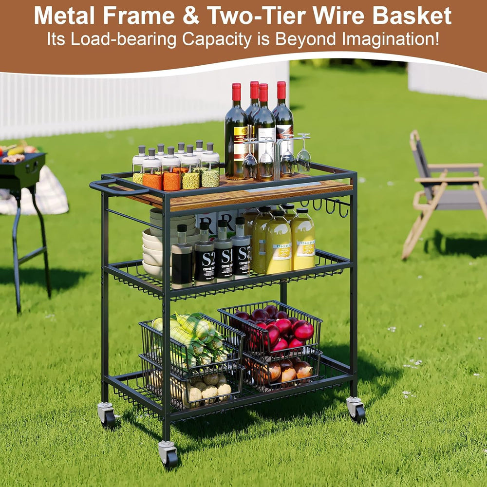 3 Tier Heavy Duty Rolling Kitchen Cart with Handle & Locking Wheels – Met...