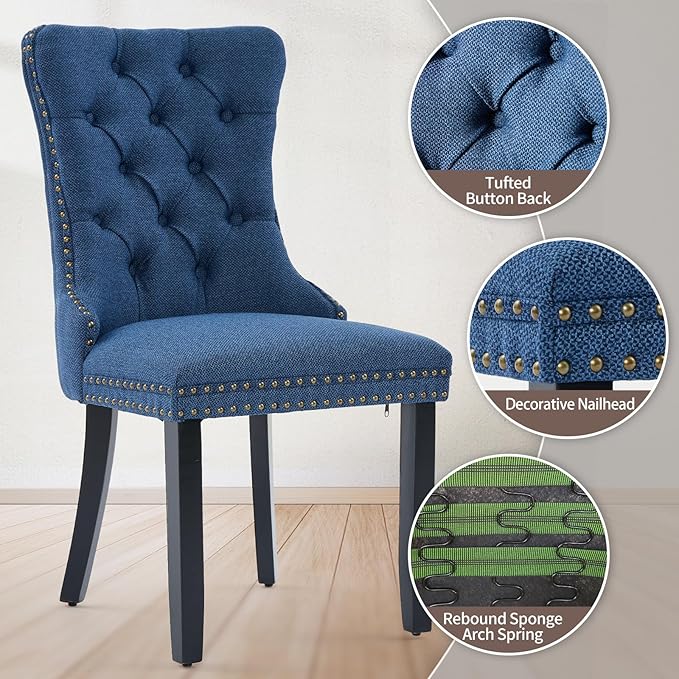 Blue Dining Chairs Set of 6, Upholstered Tufted Linen Fabric Dining Room Chai...