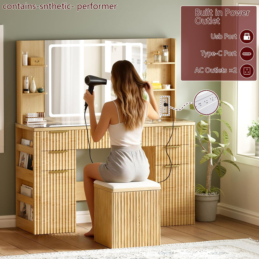 47.2" Fluted Makeup Vanity Desk with Large, 28.7" Mirror and Lights...