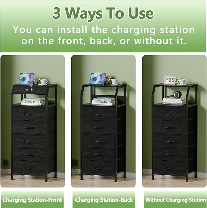 Furnulem 5 Drawers Dresser with Charging Station, Fabric Chest of Drawers wit...