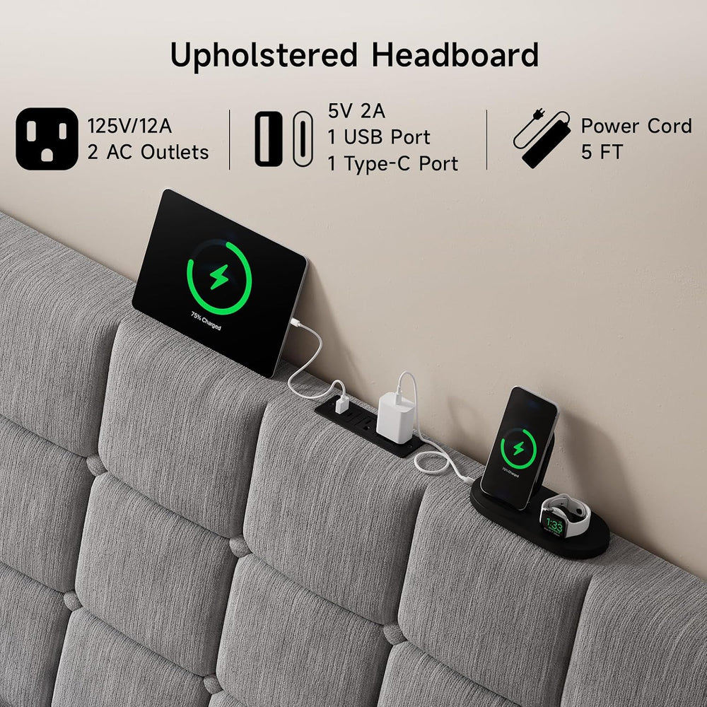 ONBRILL Queen Headboard Only with Charging Station, Soft Chenille Fabric