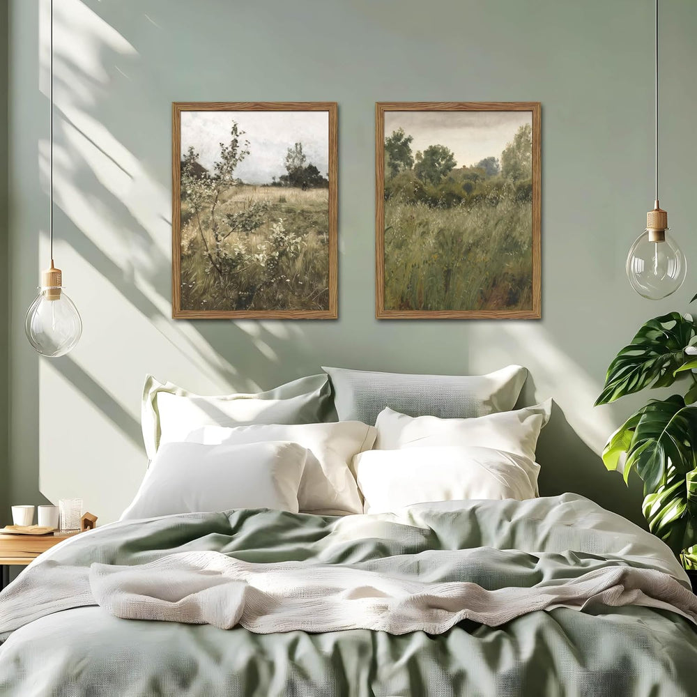 Vintage Landscape Wall Art Set of 2, Green Natural Wilderness Farmhouse Canva...