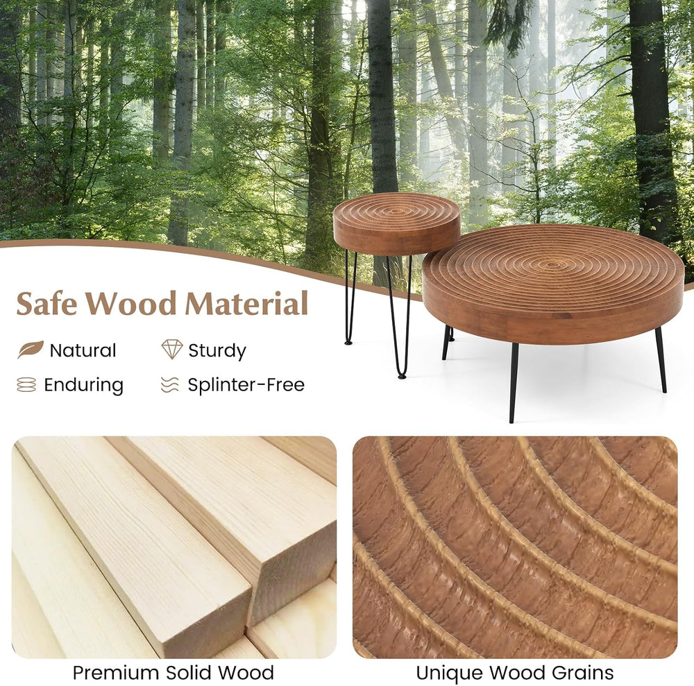 Giantex Boho Round Coffee Table Set of 2, Sofa Side Nesting Table with Solid ...