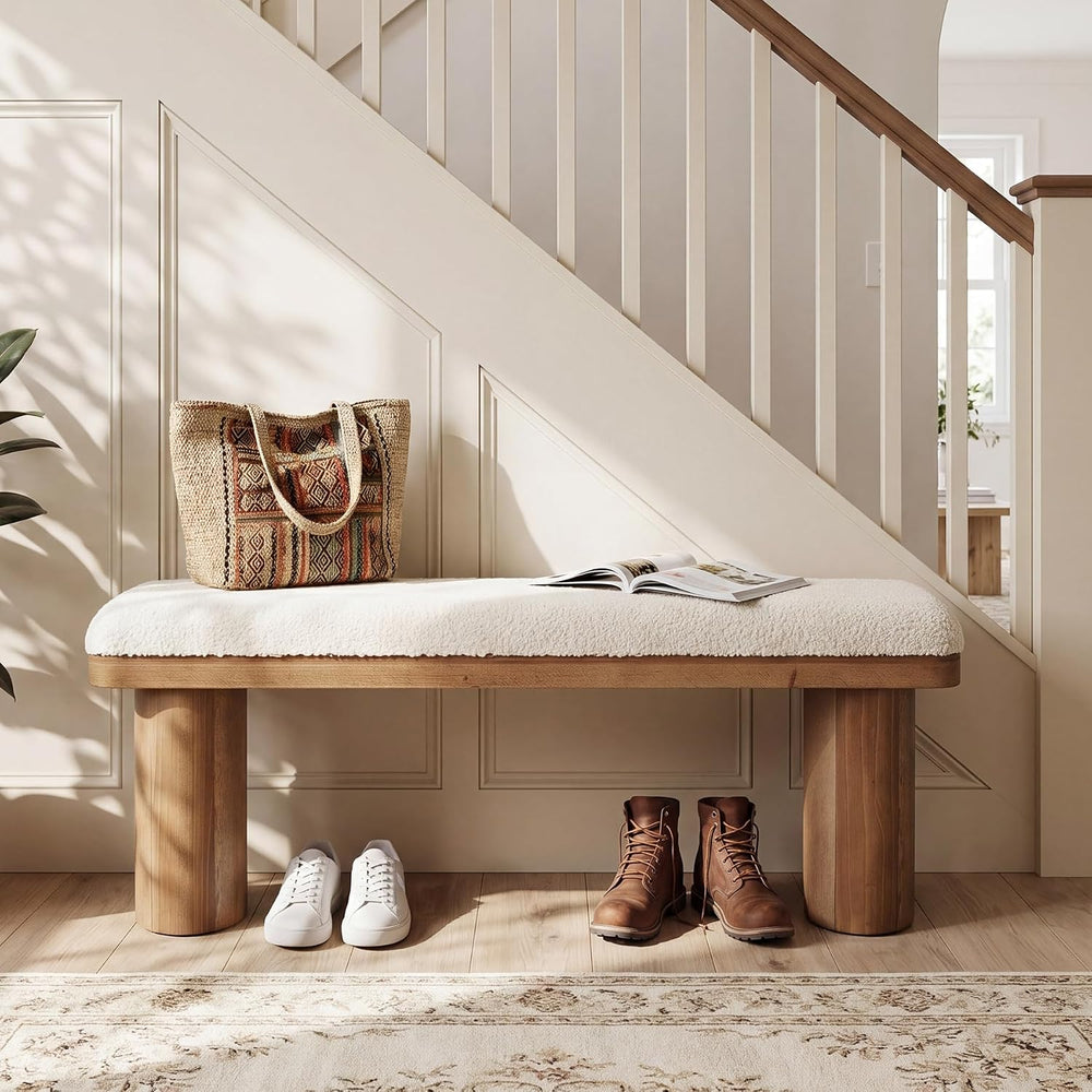 LITTLE TREE 47'' Boucle Upholstered Bench, Modern Solid Fir Entryway ...