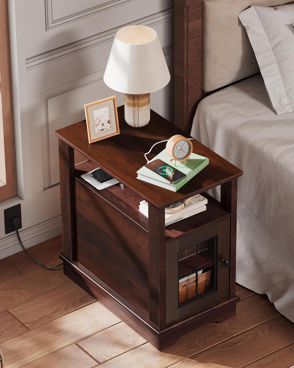 WLIVE Farmhouse End Table with Charging Station, Narrow Side Table with Stora...