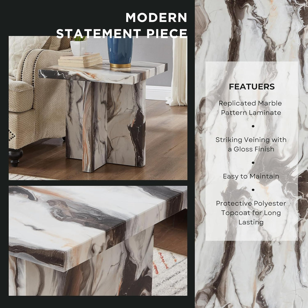 Roundhill Furniture Cavira Modern Faux Marble Living Room Side Table, Off-White