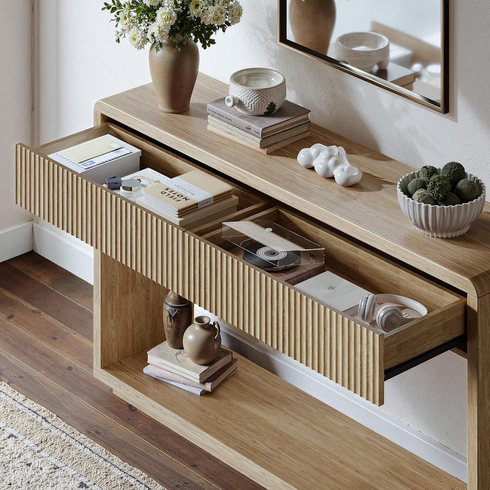 Evermagin 59'' Oak Entryway Table with Drawers, Boho Fluted Console T...
