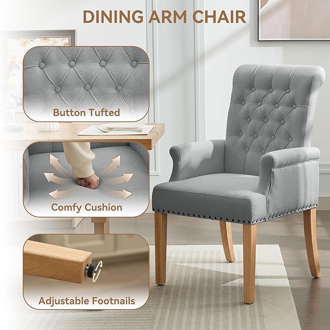 Fabric Dining Chair with Arms, Upholstered Tufted High Back Dining Room Chair...