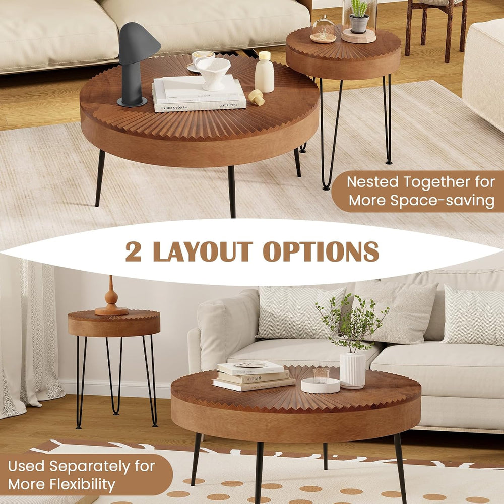 COSTWAY Farmhouse Round Coffee Table Set of 2, Rustic Sofa Side Tea Tables w/...