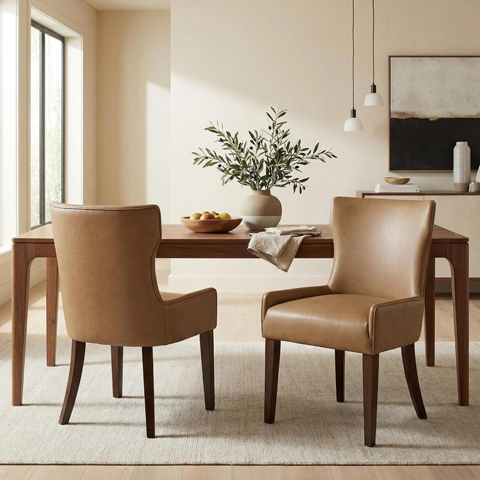 Faux Leather Dining Chair Set of 2, Upholstered Kitchen Chair with Wingback & Solid Rubberwood Legs, Thick Padded Comfortable Accent Seating for Dining/Kitchen/Living Room, Brown PU