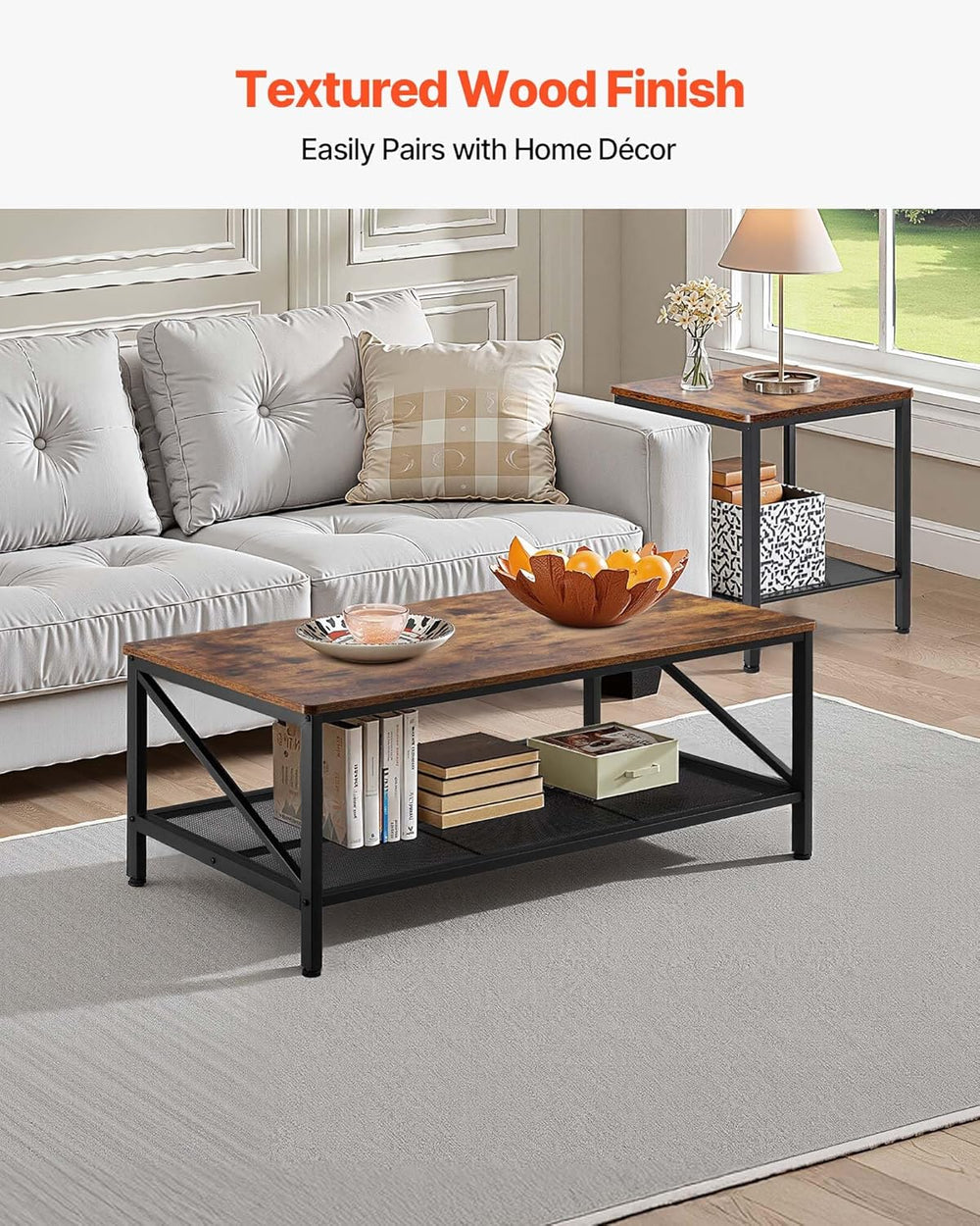 VEVOR 3 Pieces Living Room Table Sets, 41.3 in Industrial Coffee Table with 2...