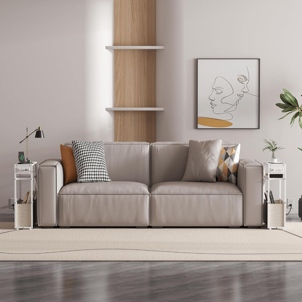 Leomonio White Side Table with Charging Station, Slim End Tables with Linen B...