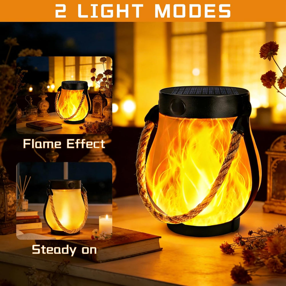 2 Pack Solar Lanterns Outdoor Waterproof, Flickering Flame Hanging Lanterns