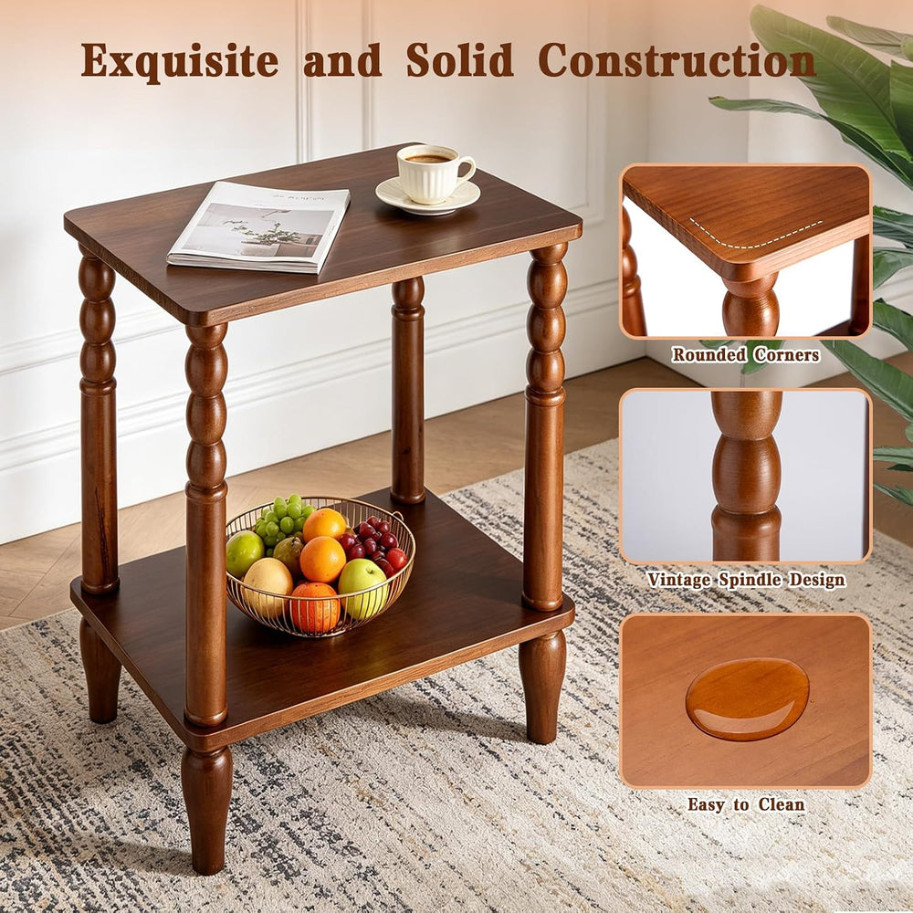 Solid Wood End Table with Storage Shelf, 2-Tier Small Side Table with Vintage...