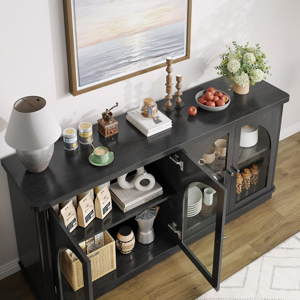 ONBRILL 63 Inch Sideboard Buffet Cabinet with Glass Doors and 4 Doors Black