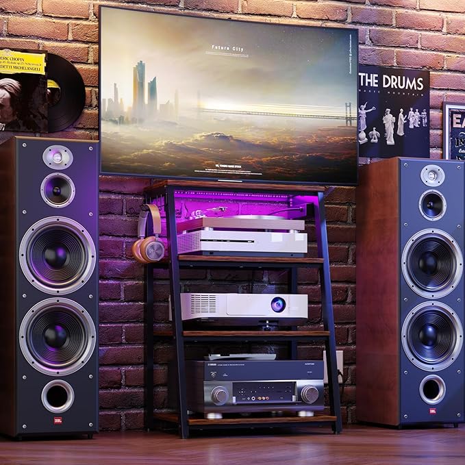 4-Tier AV Media Stand with Power Strips, Heavy Duty Stereo Cabinet Stand with...