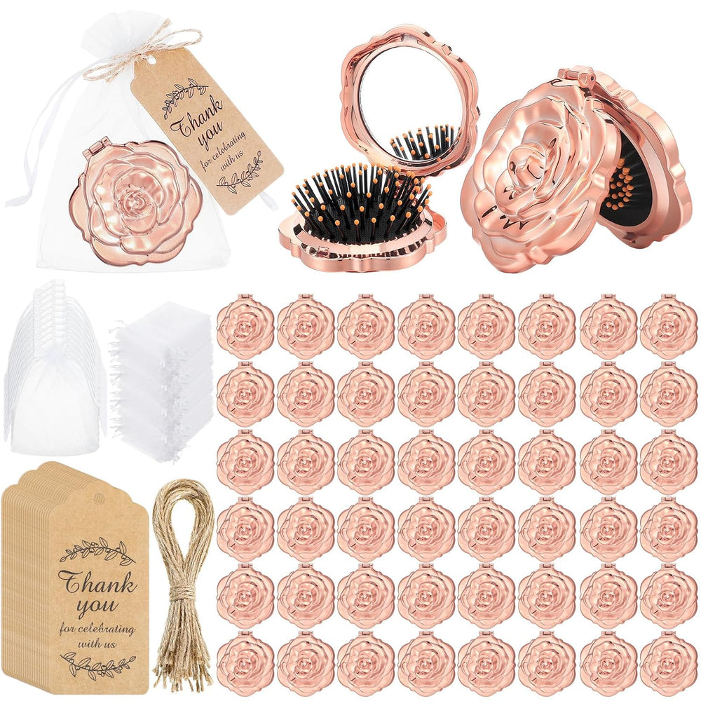 Teenyyou 50 Sets Rose Compact Mirrors Brush Bulk Quinceanera Party Favors