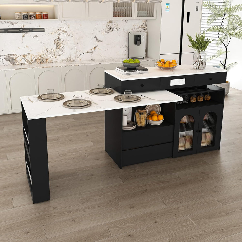 Flieks Kitchen Island with Extendable & Rotating Table, MDF with Marble V...