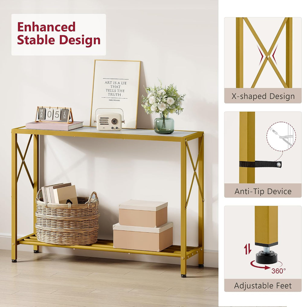 Tajsoon Entryway Table 41.8", 2 Tier Gold Console Table with Shelves | N...