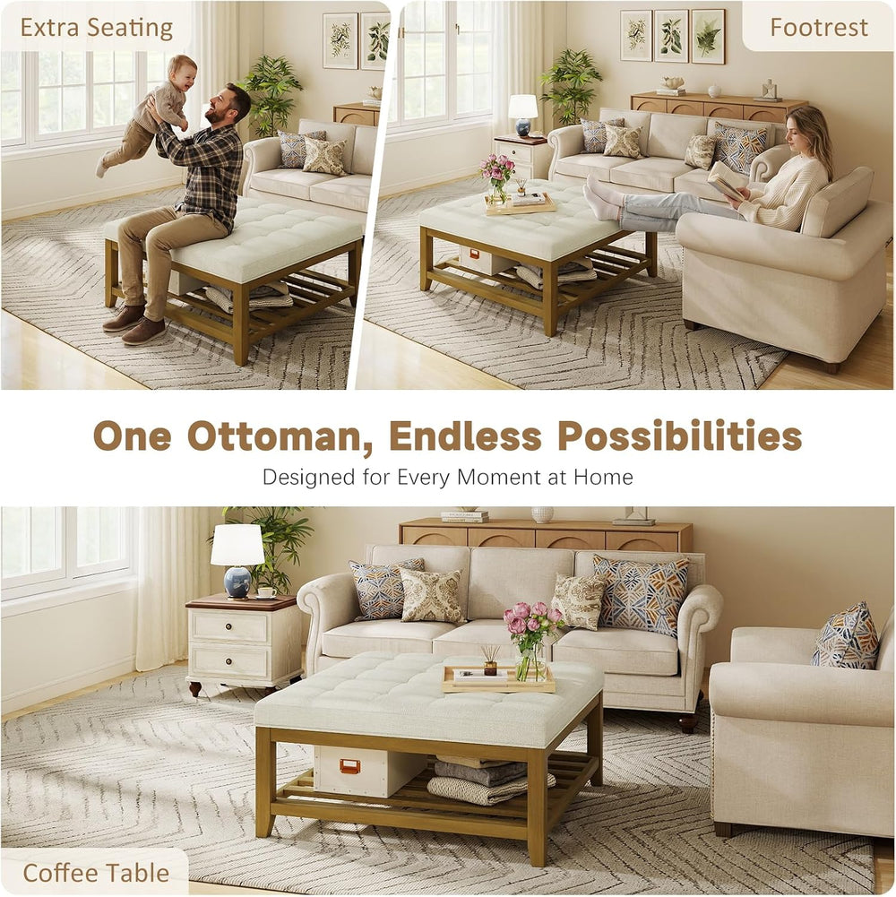 Befurtori Ottoman with Storage Bench, Linen Ottoman Coffee Table, Ivory | Sol...