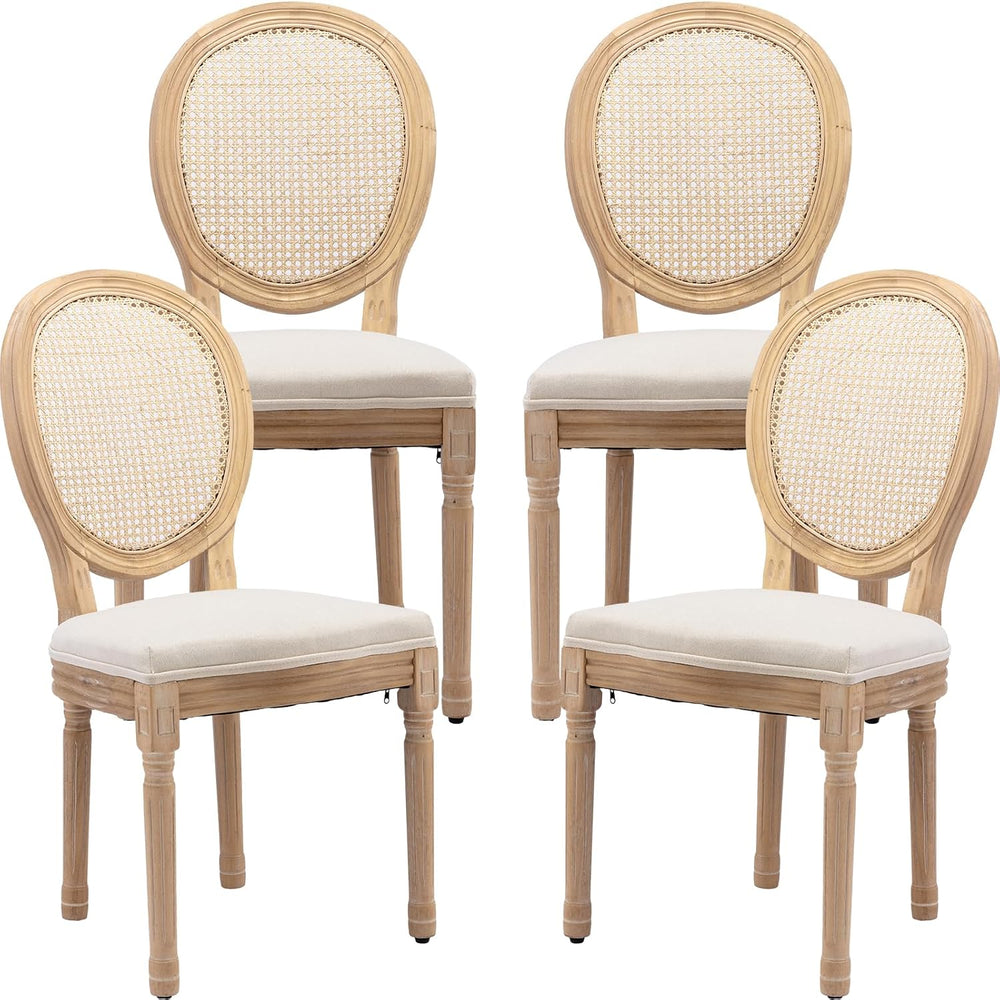 Vintage French Rattan Dining Chairs Set of 4, Solid Wood Frame with Round Rat...