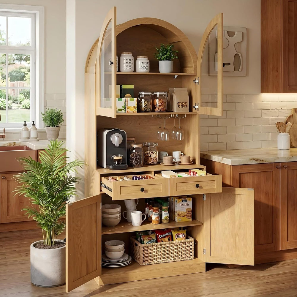KEIKI 75 Inch Farmhouse Pantry Cabinet with Charging Station, Tall Arched Cof...