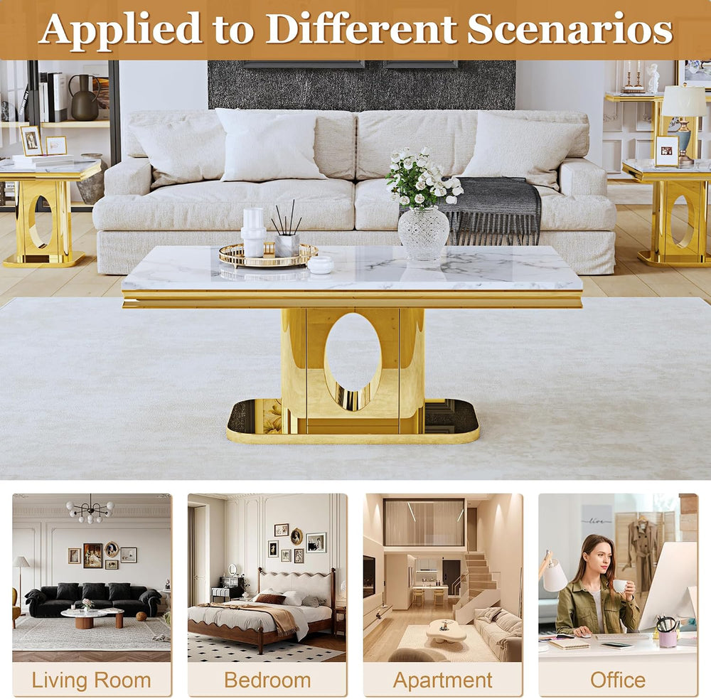 Luxury Square End Table, 23" White Faux Marble Top and Gold Mirror Stain...