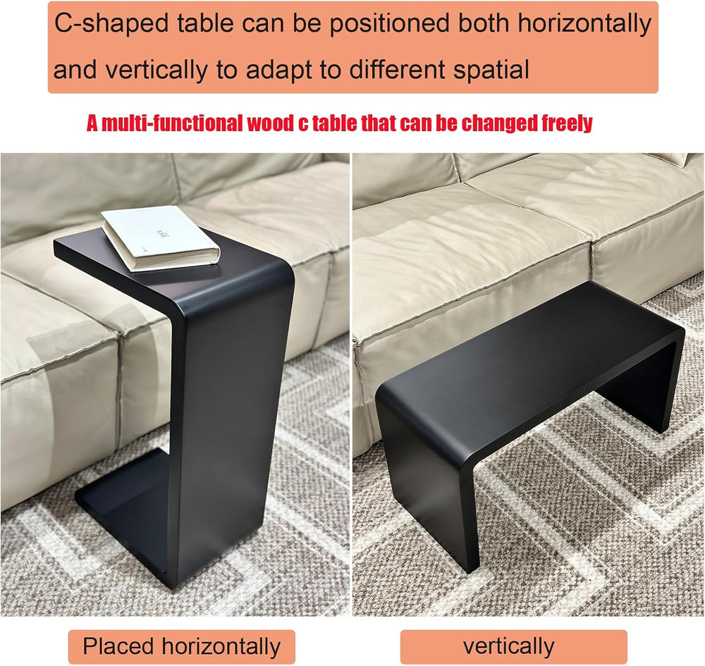 C Shaped End Table, Solid Wood Sofa Side Table for Couch, Bed, and Living Roo...