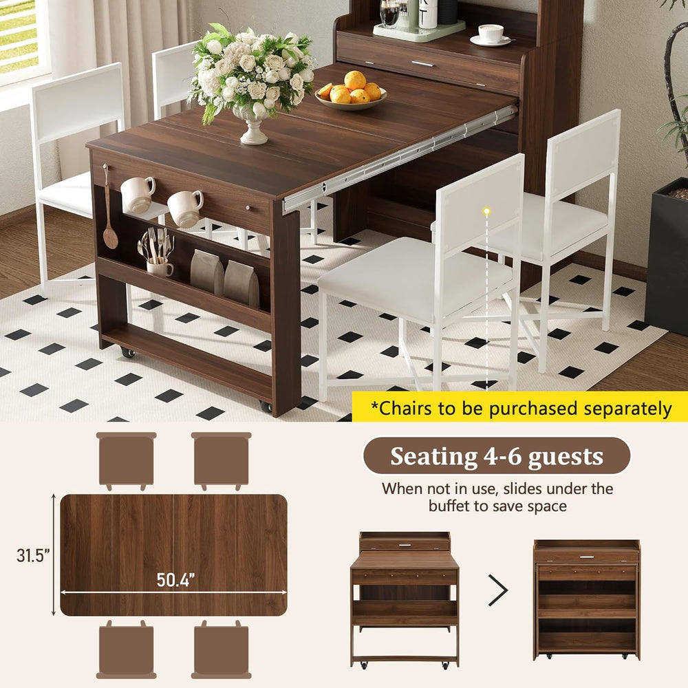 L-Shaped Kitchen Pantry with Hutch and Foldable Dining Table, Sideboard Buffe...