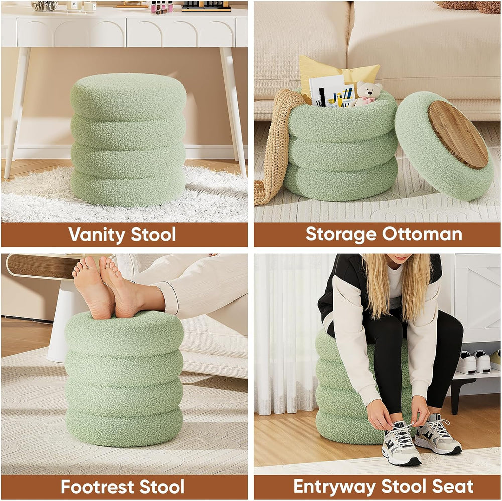 Soft Teddy Round Ottoman with Tray, 17.5 Inches Ottoman Coffee Table with Sto...