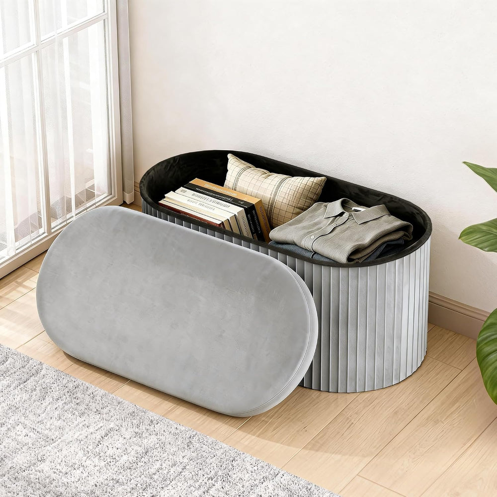 GLAXYFUR Folding Storage Ottoman, Velvet Upholstered Foot Rest, 30 Inches Ova...