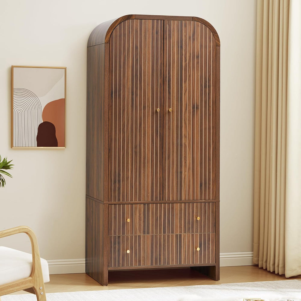 LEVNARY Arched Armoire Wardrobe Closet, Mid-Century Modern 2-Door Freestandin...