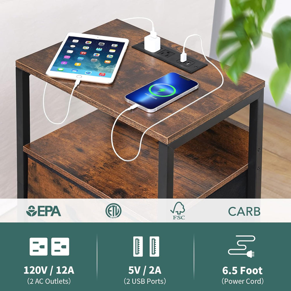 Yoobure Nightstand with Charging Station, Small Night Stand with Fabric Drawe...