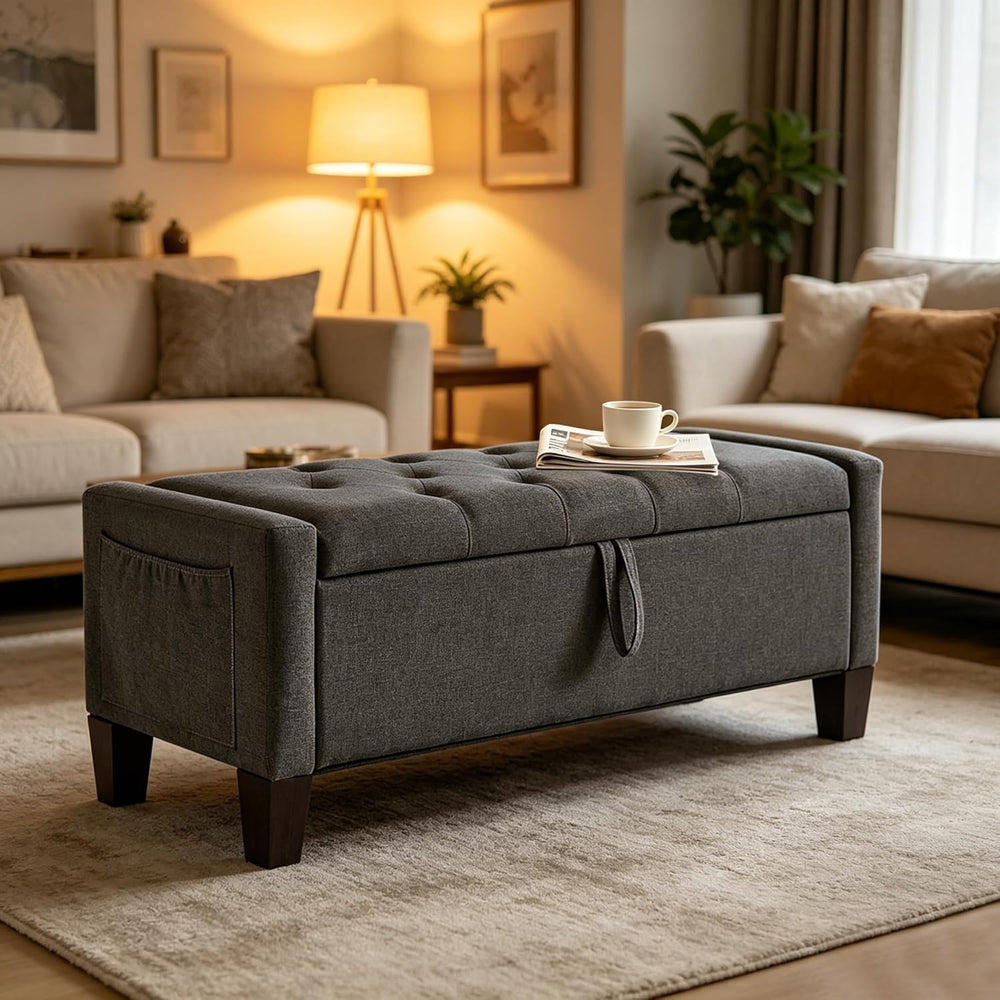 Aoowow Linen Bedroom Ottoman Bench with Storage,Tufted Bed End Storage Benche...