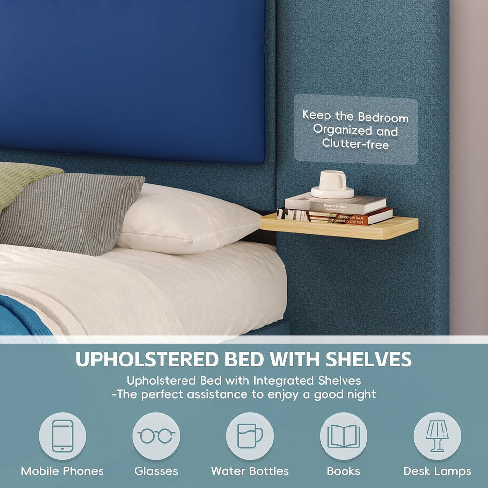 Peanu Queen Bed Frame, Upholstered Panel Headboard, Blue Finish