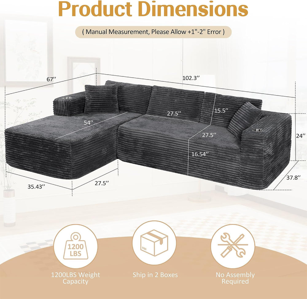 JAMFLY 103" Modular Sectional Sofa for Small Spaces, No Assembly, Black ...