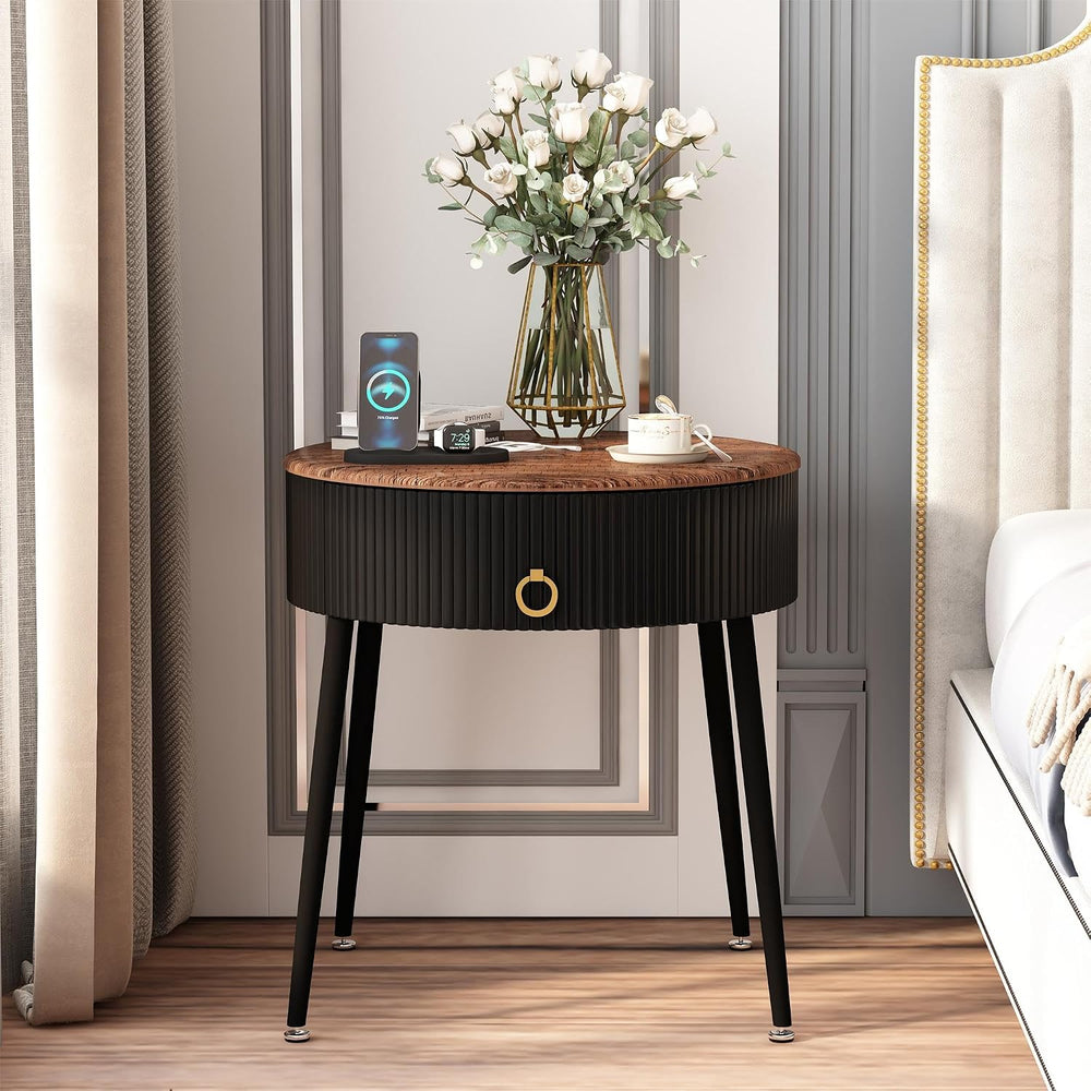 OIOG End Tables Set of 2, Wood Grain Bedside Tables with Drawer, Black