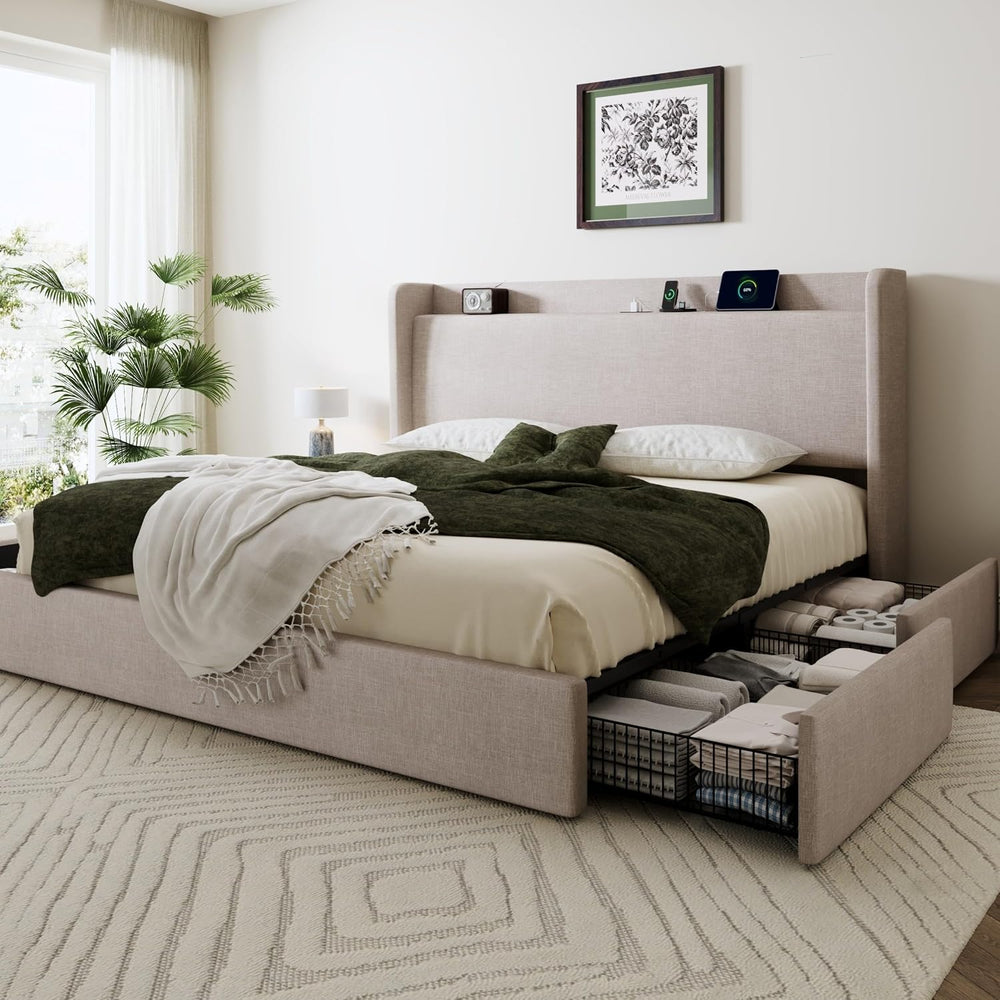 SHA CERLIN King Size Storage Bed Frame with 4 Oversized Drawers, Modern Wingb...