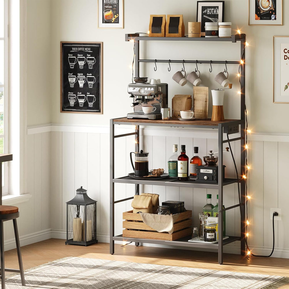 MAHANCRIS Bakers Rack with Power Outlet, Kitchen Storage Shelf with 6 Hooks, ...