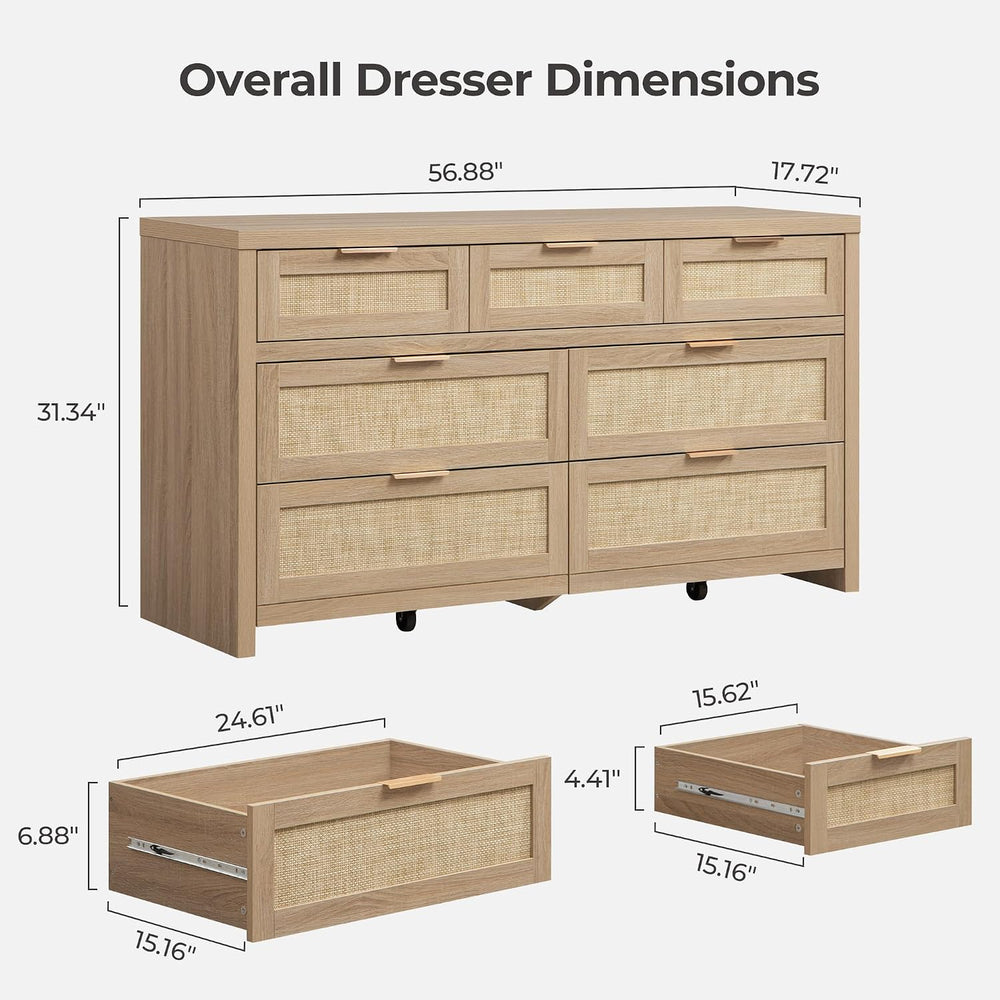 SICOTAS 7 Drawer Dressers for Bedroom Set 2, Long Rattan Dresser, Dresser TV ...
