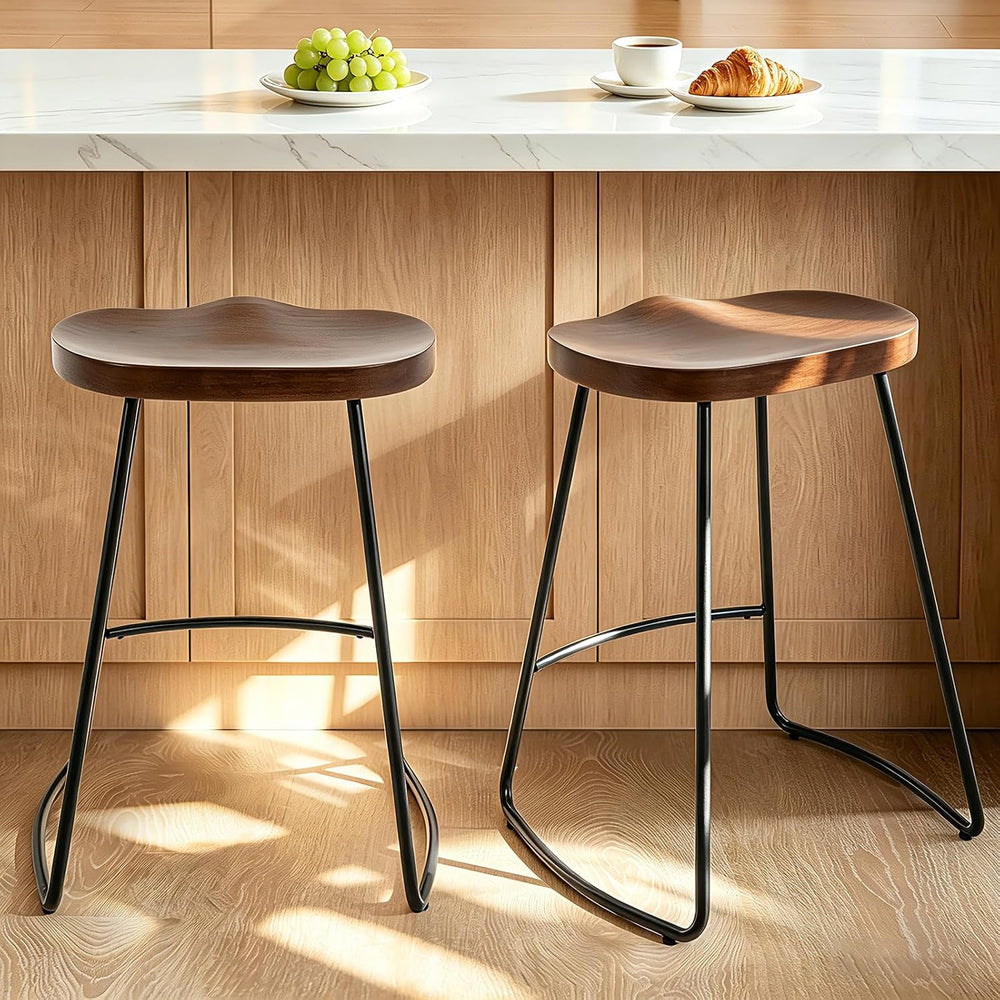 Bar Stools Set of 2, 24'' Counter Height Rustic Wooden Saddle Seat Wa...