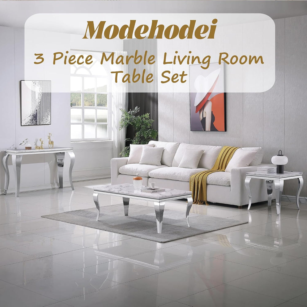 3 Piece Marble Living Room Table Set with 1 Coffee Table, 1 Console Sofa Tabl...