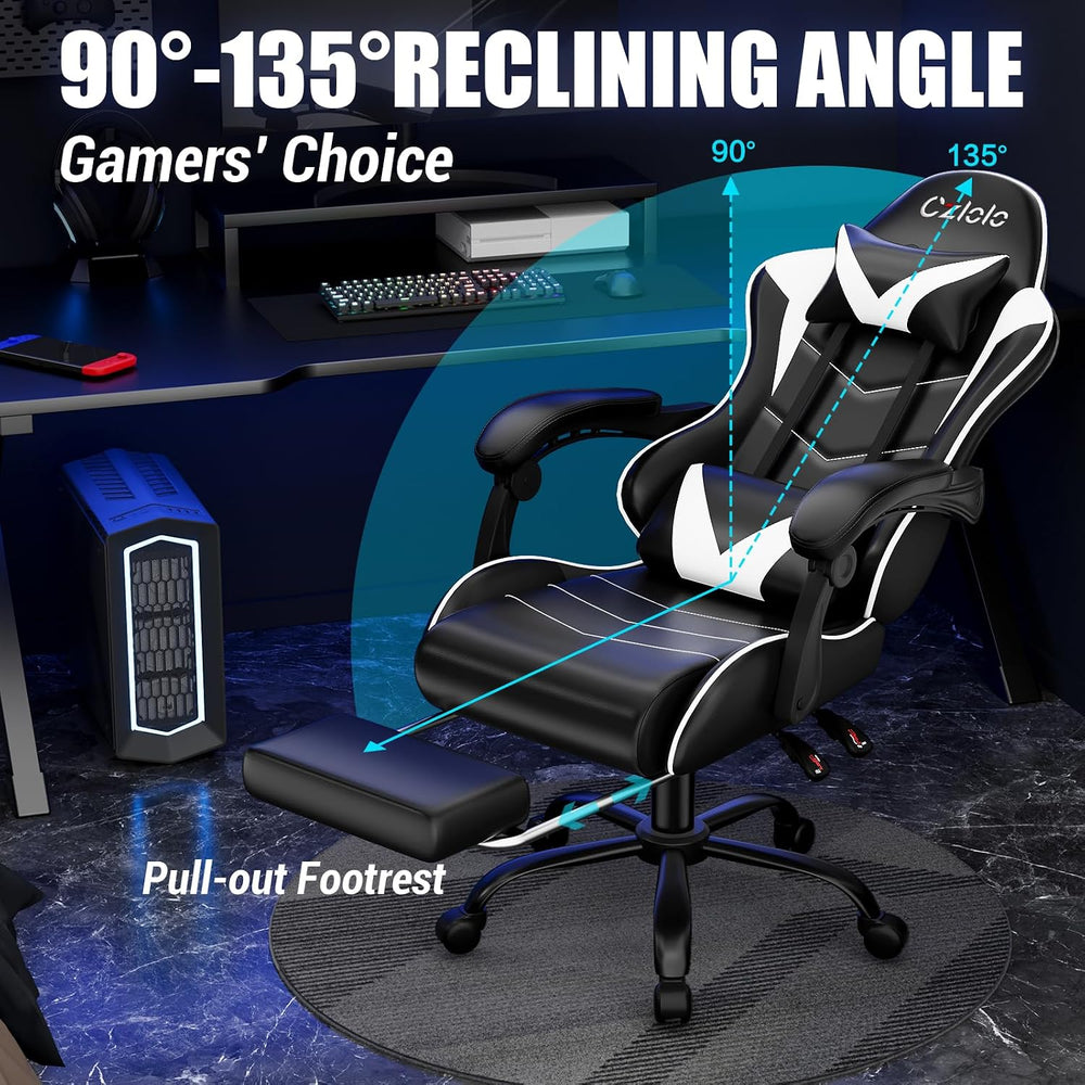 Czlolo Gaming Chair with Footrest Racing Style Lumbar Support Massager Video ...