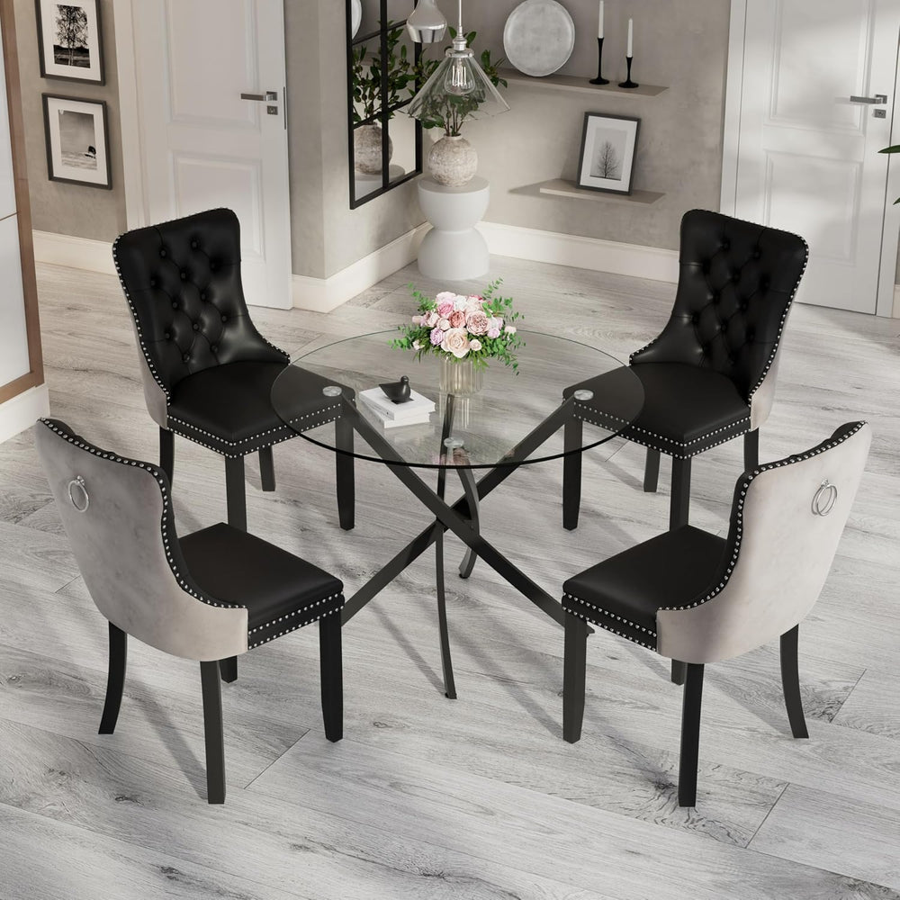 36" Luxury Glass Round Dining Table Set with 4 Velvet& PU Leather Up...