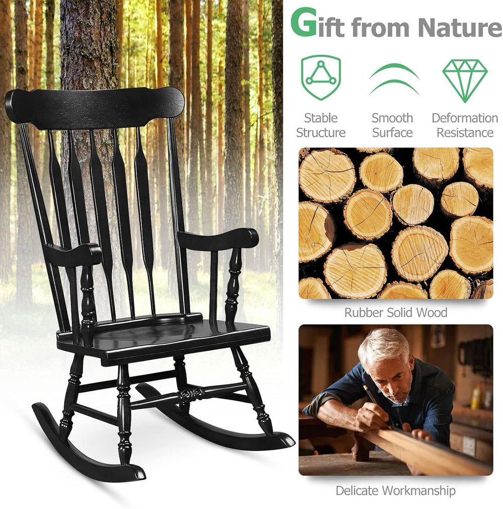 Tangkula Patio Rocking Chair, Solid Rubber Wood Frame, Black, 1 Pack