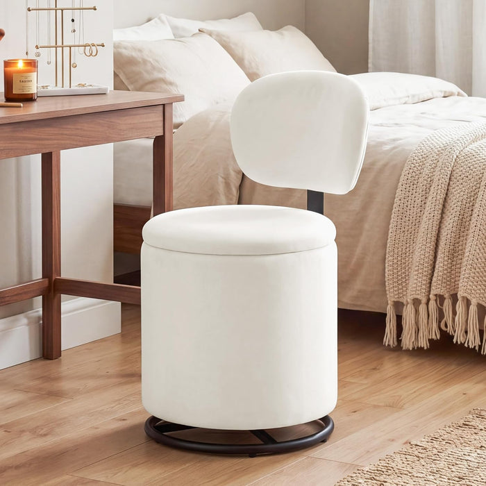 LIVELYGLOW Velvet Vanity Chair with Independent Backrest, 360° Swivel Makeup Stool with Storage, Modern Chair for Bedroom & Living Room, Easy to Assemble, White