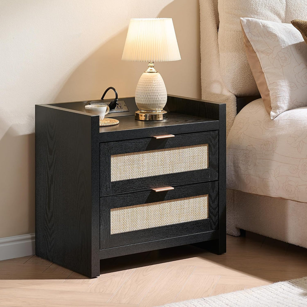 SICOTAS Rattan Nightstands Set of 2 : Bedside Table with 2 Large Drawers