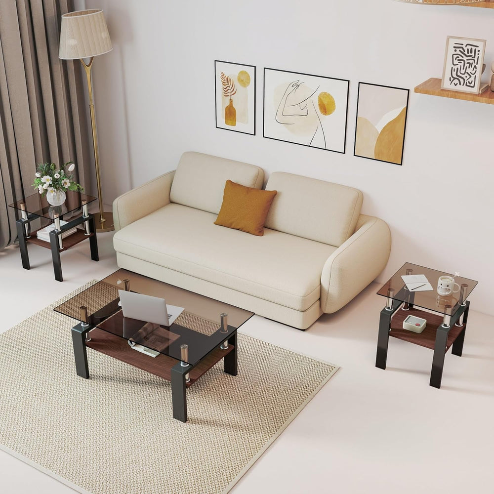 17.72'' Glass Side Table Set of 2, 2 Tier Couch End Table with Temper...