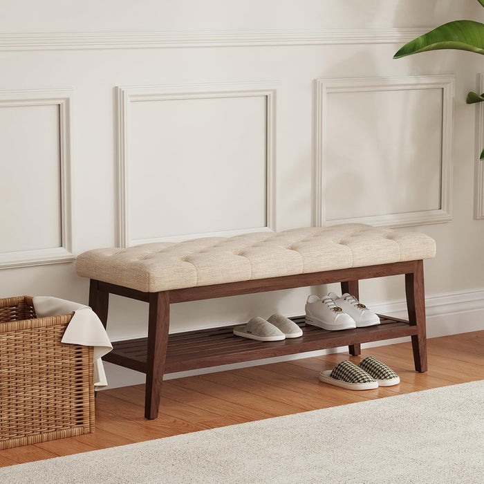 LEILISI Entryway Bench with Storage, Linen Upholstered Bench(Beige, 39.4'')